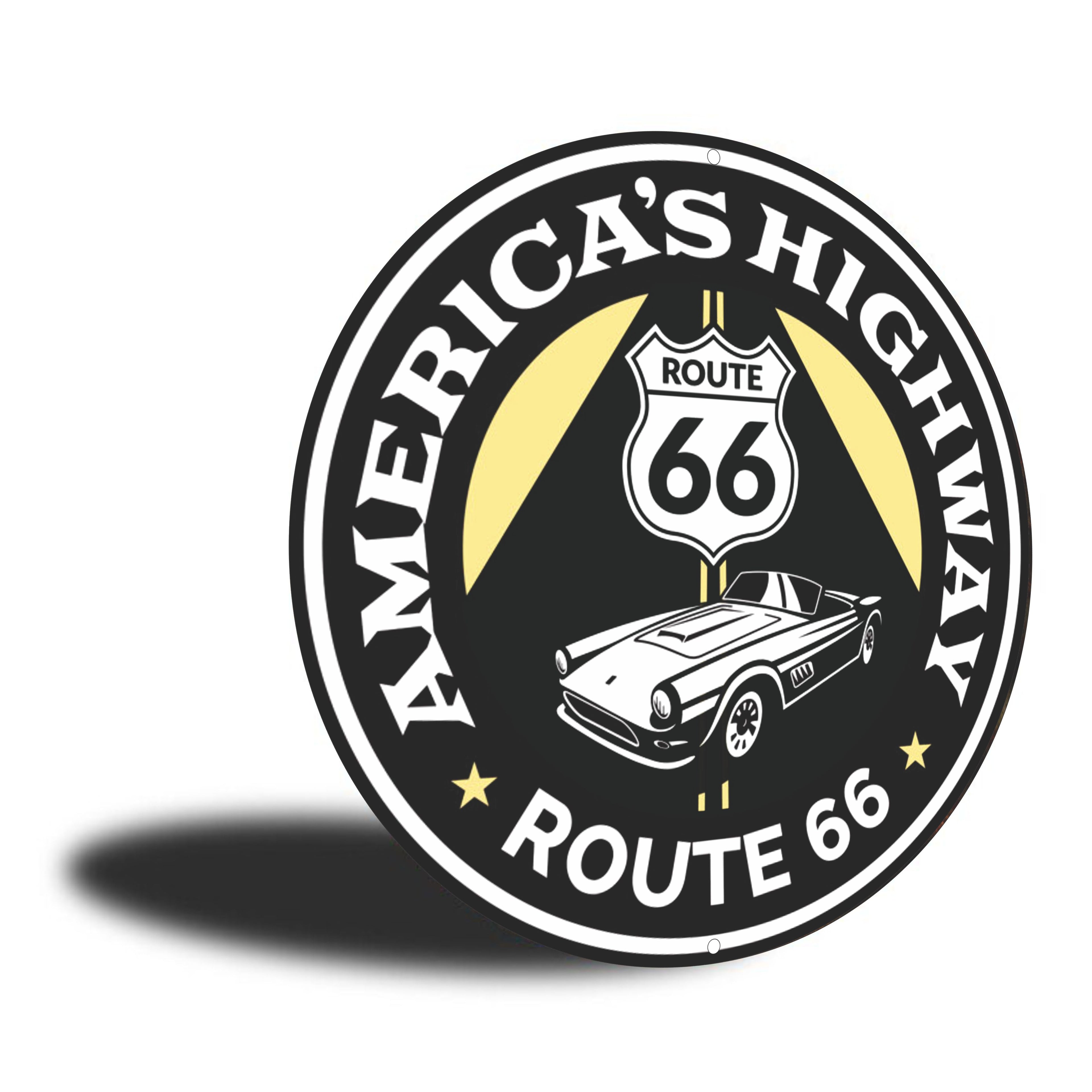 PLACA CIRCULAR AMERICA S HIGHWAY ROUTE 66 BLACK