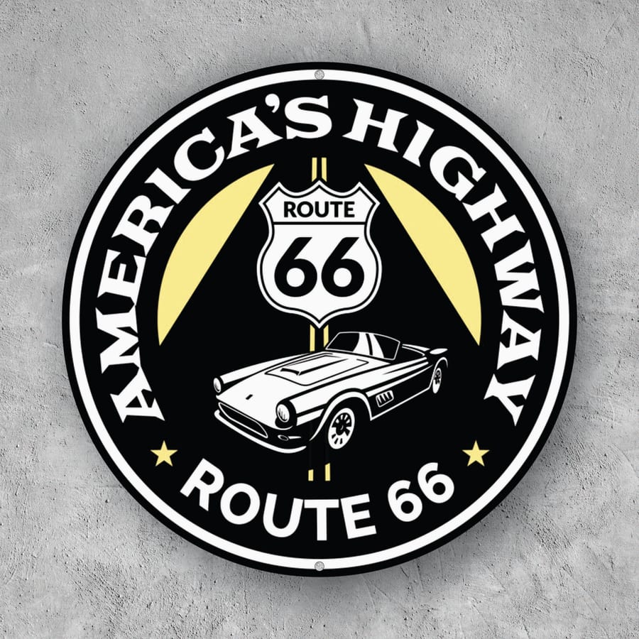 PLACA CIRCULAR AMERICA S HIGHWAY ROUTE 66 BLACK